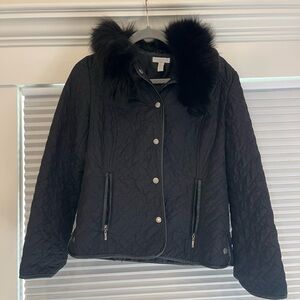 Black quilted jacket with faux fur trim